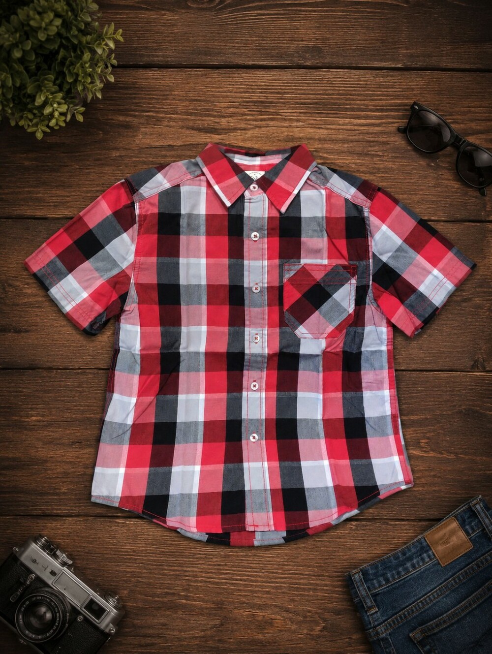 Faded Glory Red Black White Plaid Short-Sleeve Button-Down Shirt
